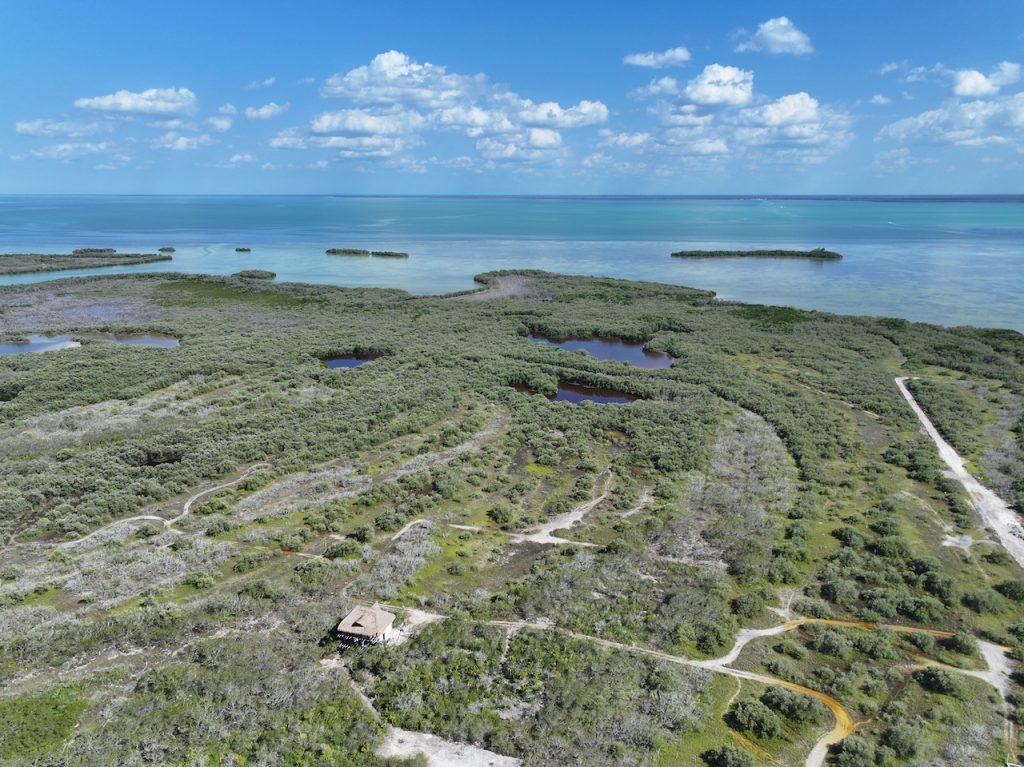 Drone view of Lotes Paraíso Zona 01 Holbox — lagoon side with existing construction example