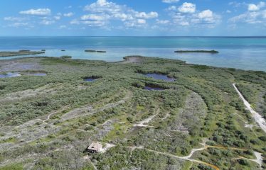 Drone view of Lotes Paraíso Zona 01 Holbox — lagoon side with existing construction example